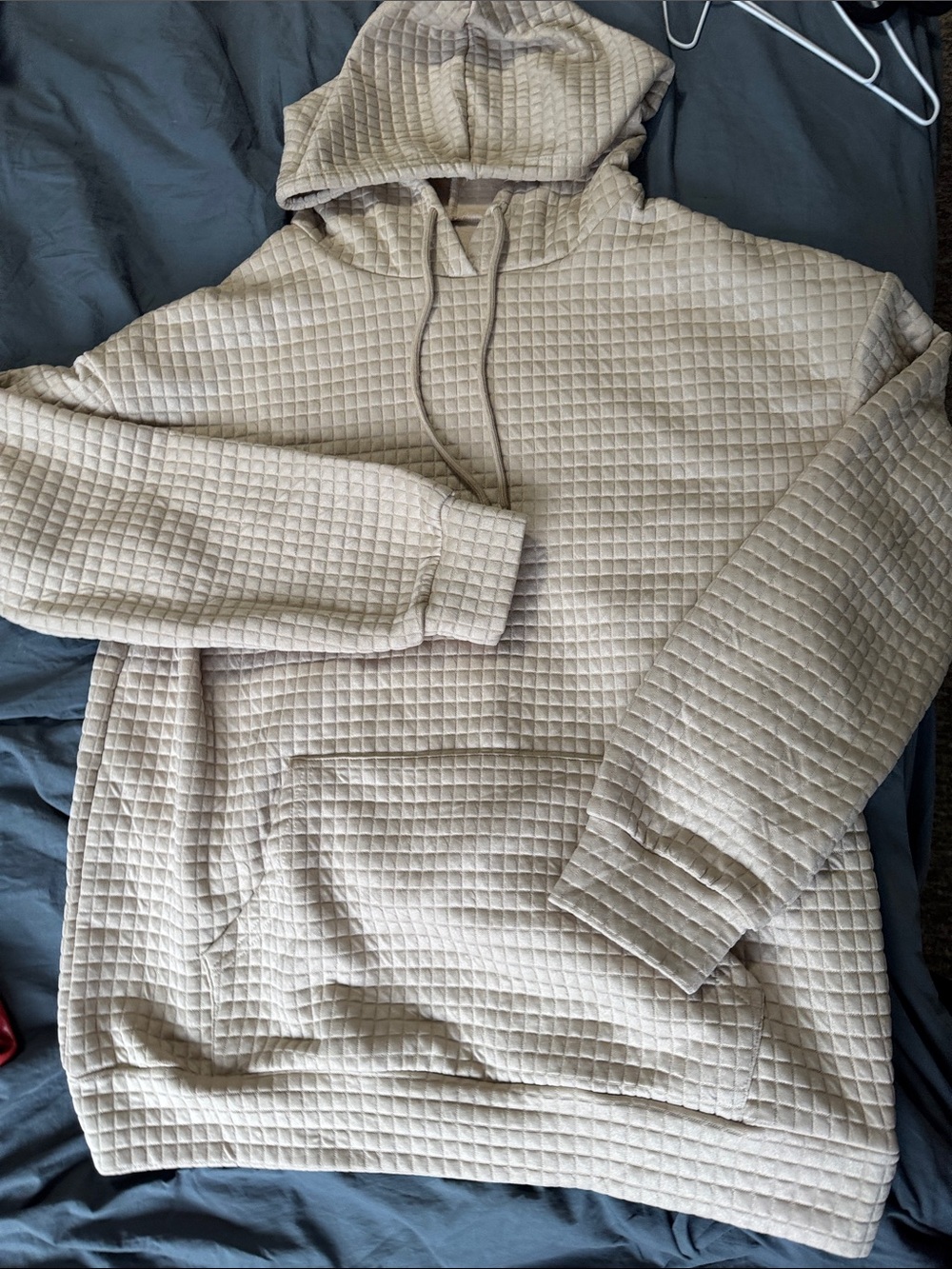 Men's Quilted Hooded Pullover Sweatshirt in Beige